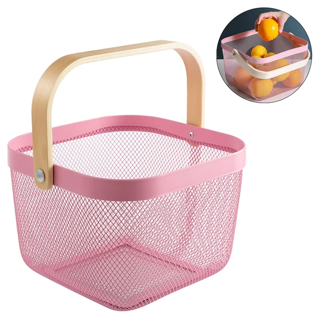 Metal Food Storage Basket With Wooden Handle Kitchen Bathroom Drain Fruit  Vegetable Basket Various Items Gadgets - AliExpress
