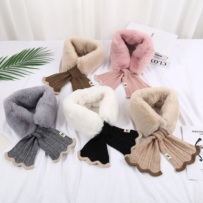 

2023 New Fake Fur Collar Korea Imitation Rabbit Fur Collar Stripe Warm Wool Knitting Scarf Women Knitted Fishtail Scar T464