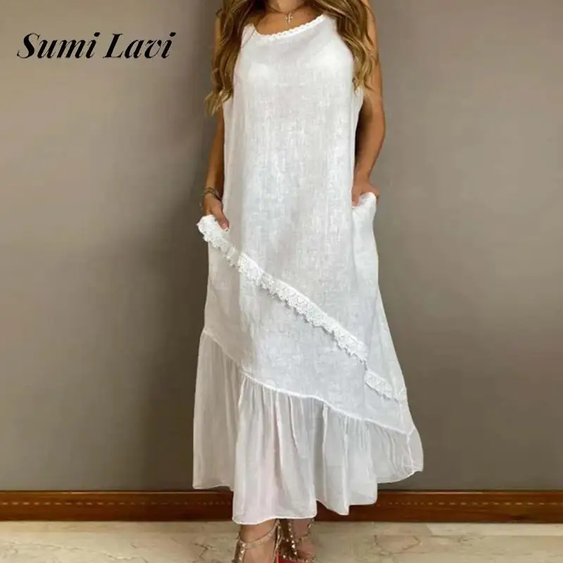 

Fashion Lace Patchwork Pocket Party Dress Elegant Round Neck Pleated Loose Maxi Dresses 2024 Casual Sleeveless Solid Long Dress