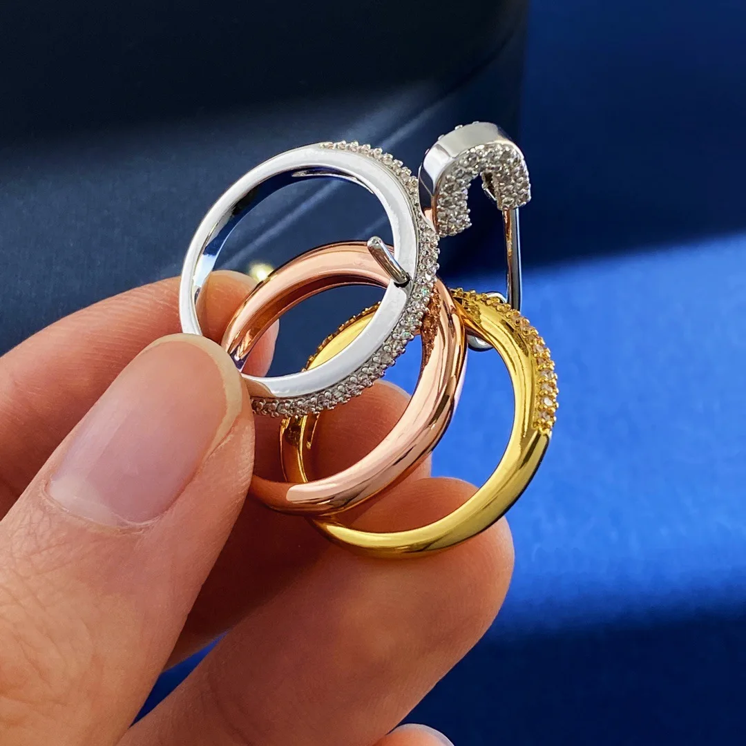 Connection Three Layers Pin Rings for Women CZ Cubic Zirconia Stackable Rings Stainless Steel New Year Gift Party Jewelry