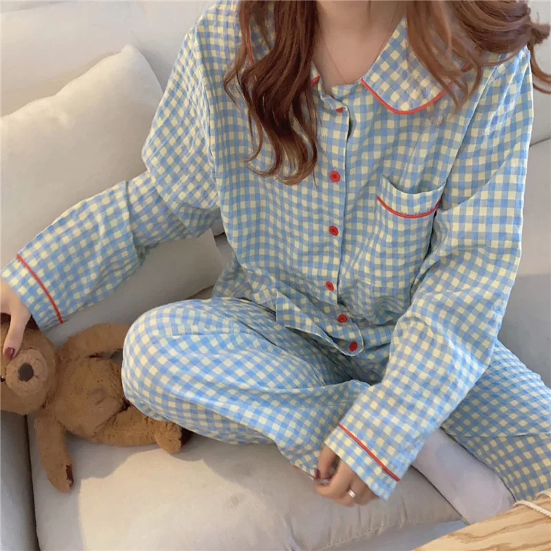 Women Long-Sleeved Pajamas Spring Autumn Summer Casual Thin Korean Ins-Style Student Plaid Doll Collar Loungewear