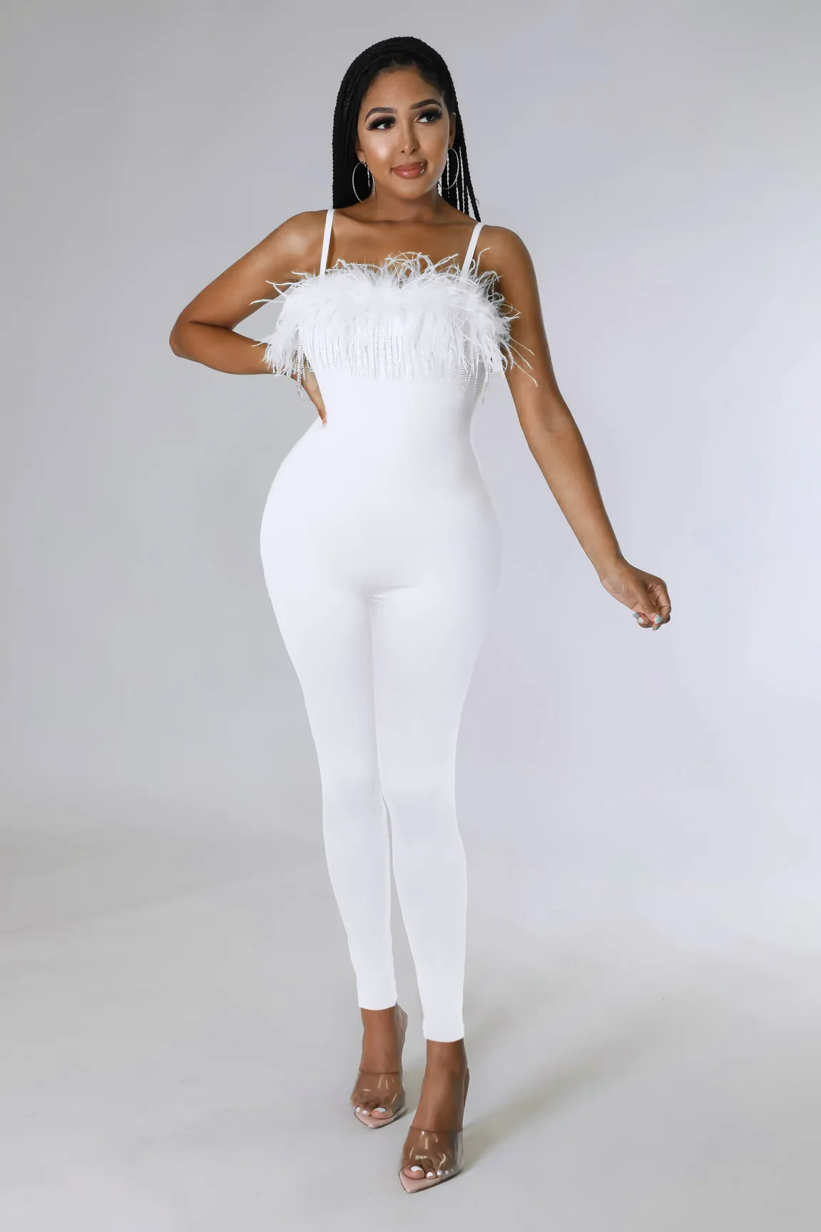 BKLD Spring And Summer New Women Clothing Solid Color Zipper Sling Diamonds Chain Feather Patchwork Long Pants Jumpsuit