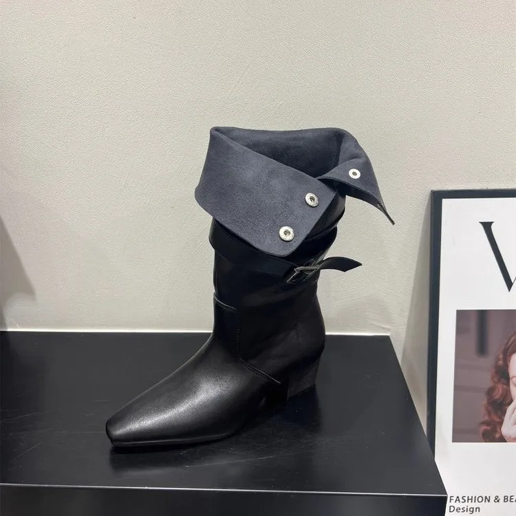 Vintage Women's Mid-calf Boots Autumn Fashion Buckle Strap Pointed Toe Chunky Heel Shoes Height Increase Outdoor Non Slip Boots