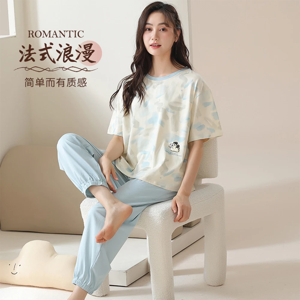M-2XL Summer Short Sleeve Pijama Sleepwear 100% Cotton Antibacterial Breathable Women's Pajamas Sweet Cute Cartoon Trousers Sets