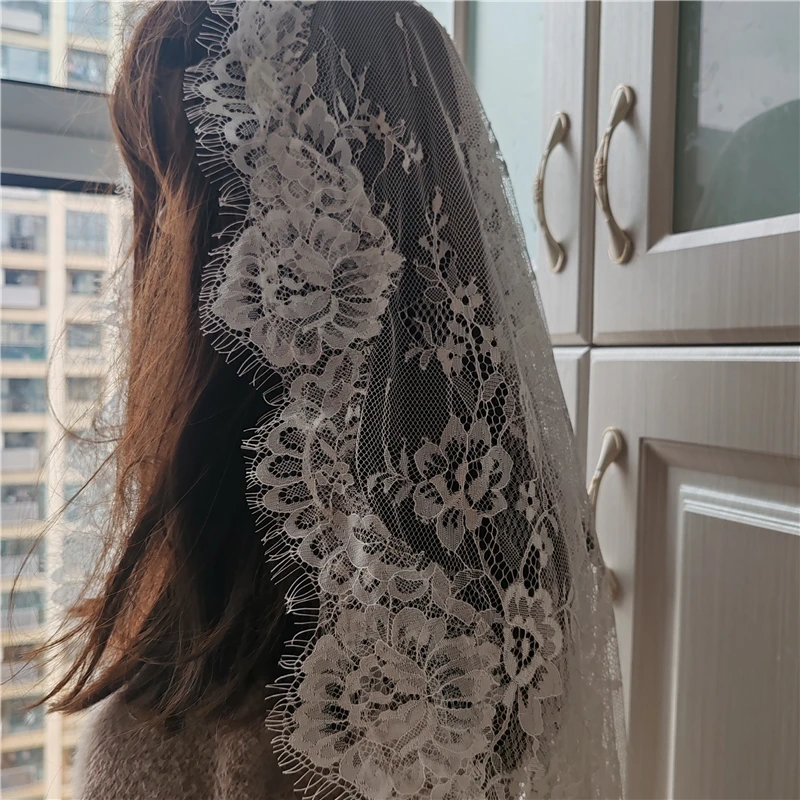 Off White Mantilla Style Wedding Bridal Veils Lace Chapel Catholic Vintage Long Accessories For Brides Soft Floral Flowers 3M