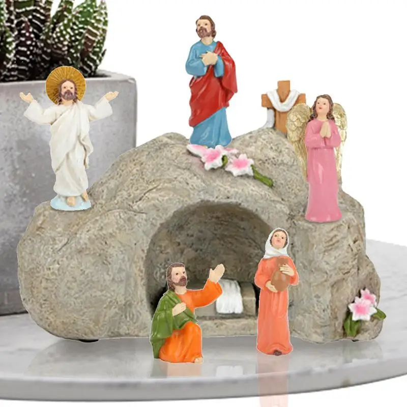 

Jesus Christ Statue Religious Statues Jesus Tomb Set Resin Desk Decor 6 pcs Tabletop Ornaments Collectible Figurines Ascension