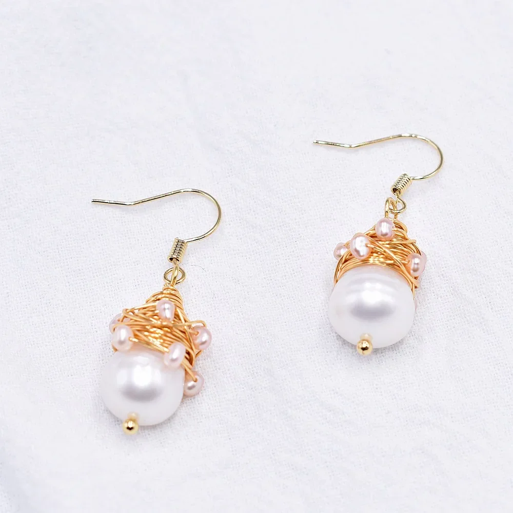 Gold Color Metal Fashion KoreanEarrings for Women Bridesmaid Wedding Jewelry Hand Winding Pearls Small Bead