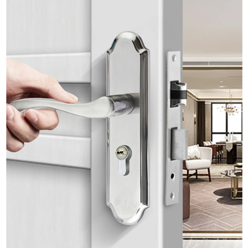Description Picture 4 of item1 set of stainless steel panel copper lock core silent door lock, universal room door old-fashioned handle lock including key