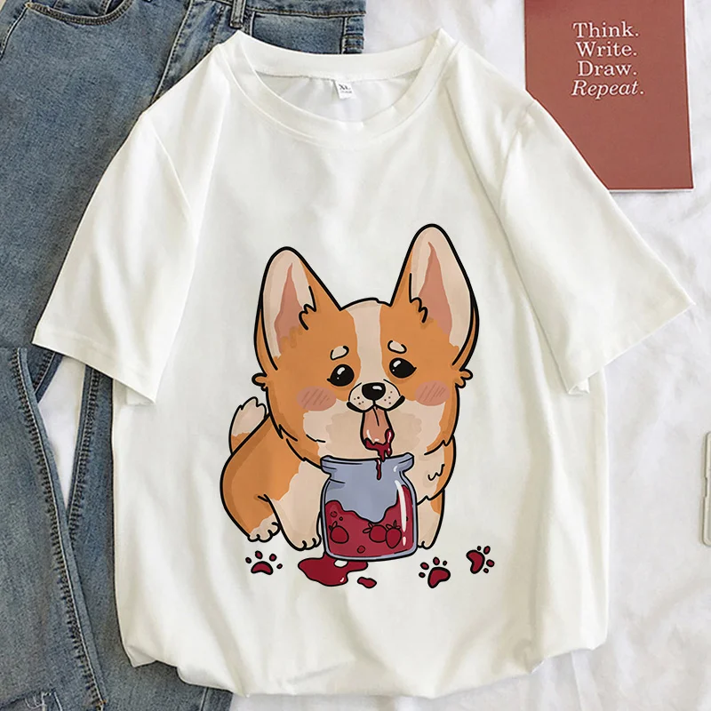 

Corgi Kawaii Graphic Print T-shirt Women Harajuku Aesthetic White Top Kpop Tshirt Tee 2023 New Summer Fashion Y2k Female T Shirt