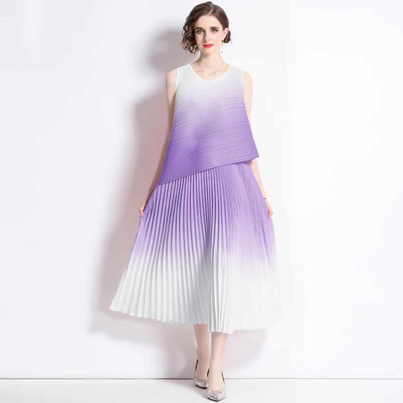 Miyake Summer Vintage Pleated Gradient T-shirt Women O-neck Sleeveless Top +Pleated Midi Long Skirts Suit Women Streetwear 2 Pcs