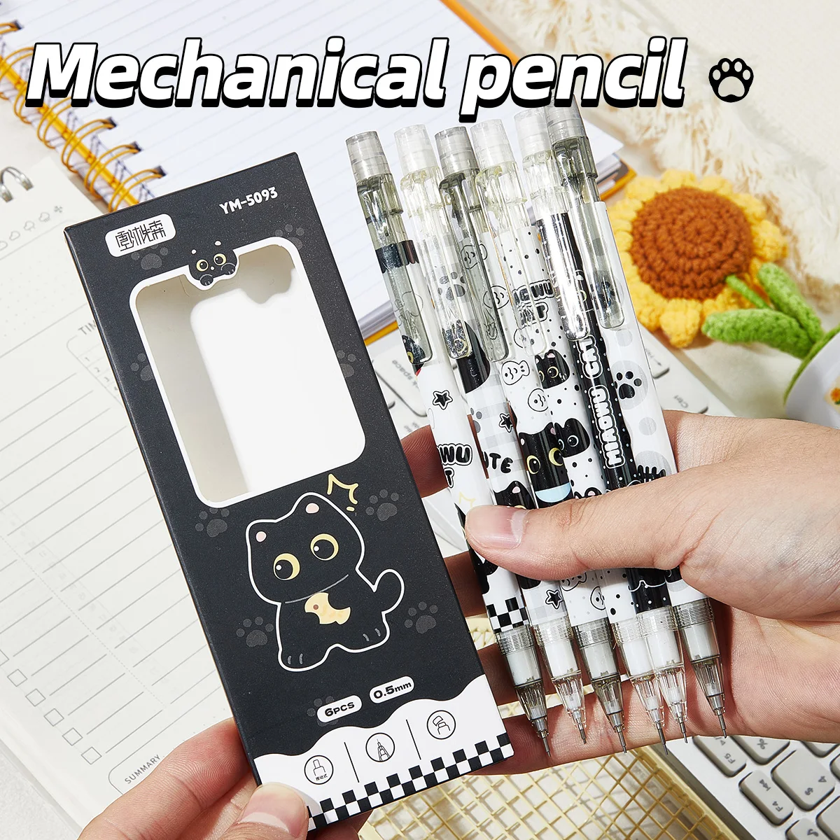 Mechanical Pencils 0.5mm for Writing & Drawing, Cute Cat Design, Ideal for Office & School Use, Multicolor Set of 6 - 4