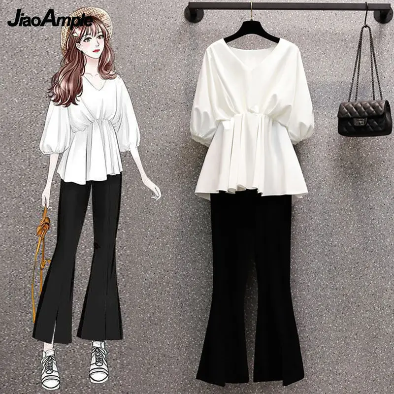 2024 Summer New Casual Tops Micro-Flare Pants Two Pieces Korean Women's Elegant V-Neck Blouse Trousers Suits Female Clothes Set autumn and winter high waisted jeans denim flared pants women s elastic thin straight micro pants elastic waist trousers m 4xl