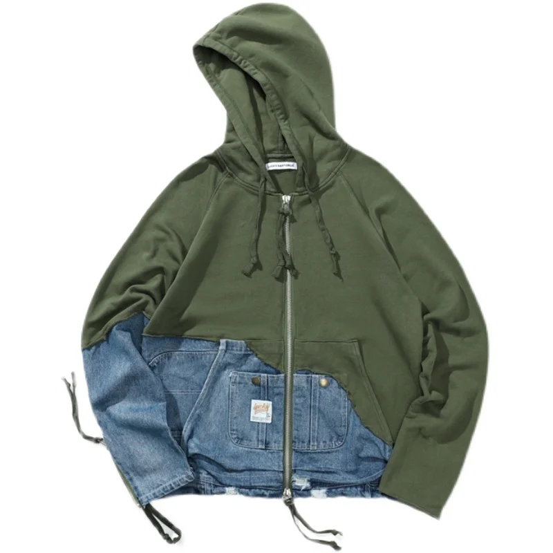 

Wasteland Style Women's Clothes Washed Denim Stitching Hooded Cardigan Jacket Vintage Coat for Men Sweater