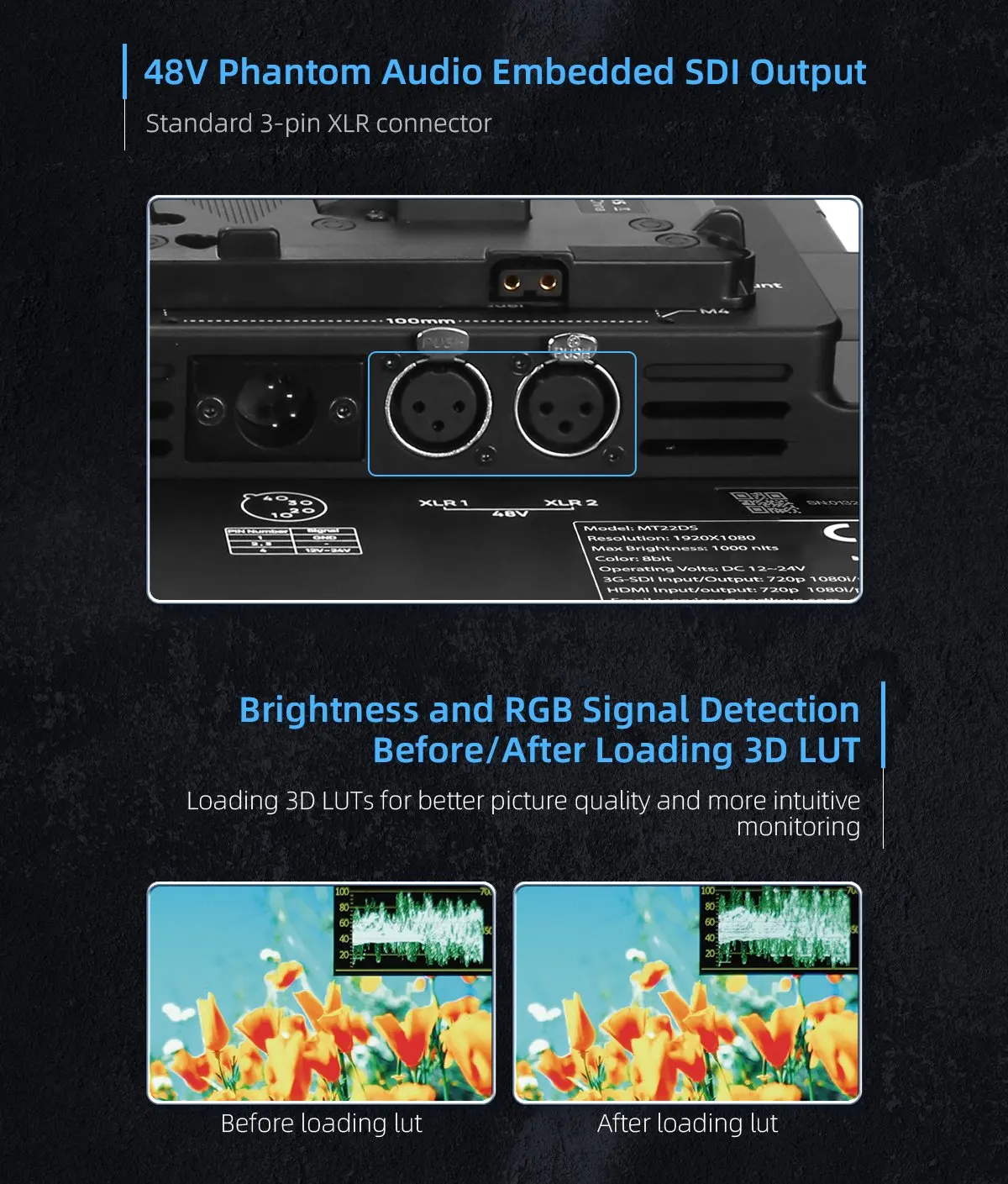 Portkeys MT22DS 21.5 Inch Dual Screen Multi-camera Broadcast Production Monitor Support 3G-SDI Wireless Video Transmission