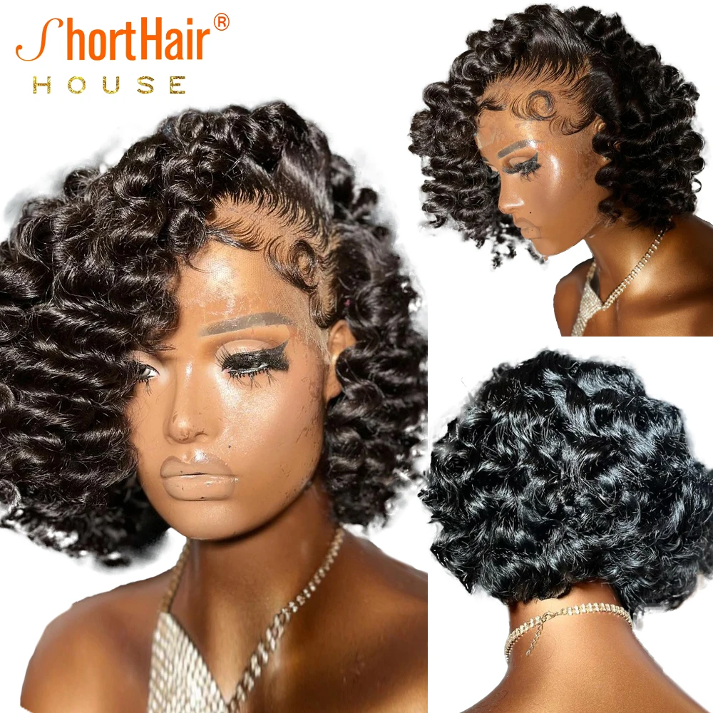 Short Bob Curly Wave Human Hair Wigs With Baby Hair Loose Wave Wigs Brazilian 13x6 Lace Frontal Deep Side Part Bouncy