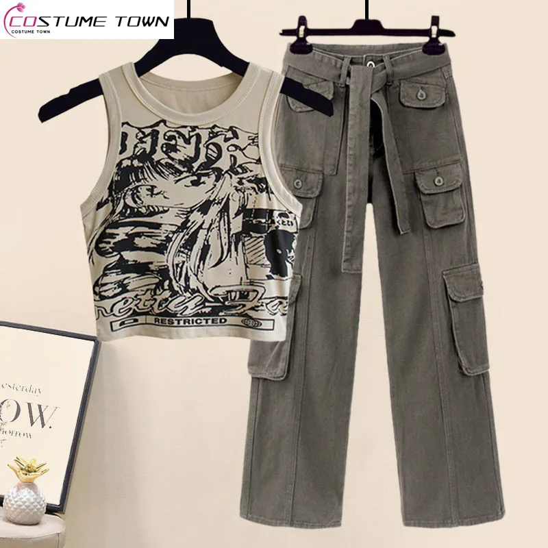 Tank Top High Waist Casual Pants Two Piece Set Print Set Women's 2023 New Korean Sexy Spicy Girl Cartoon Spring/summer Style Age tank tops rock roll girl strong eagle tank top dark grey in gray size m s