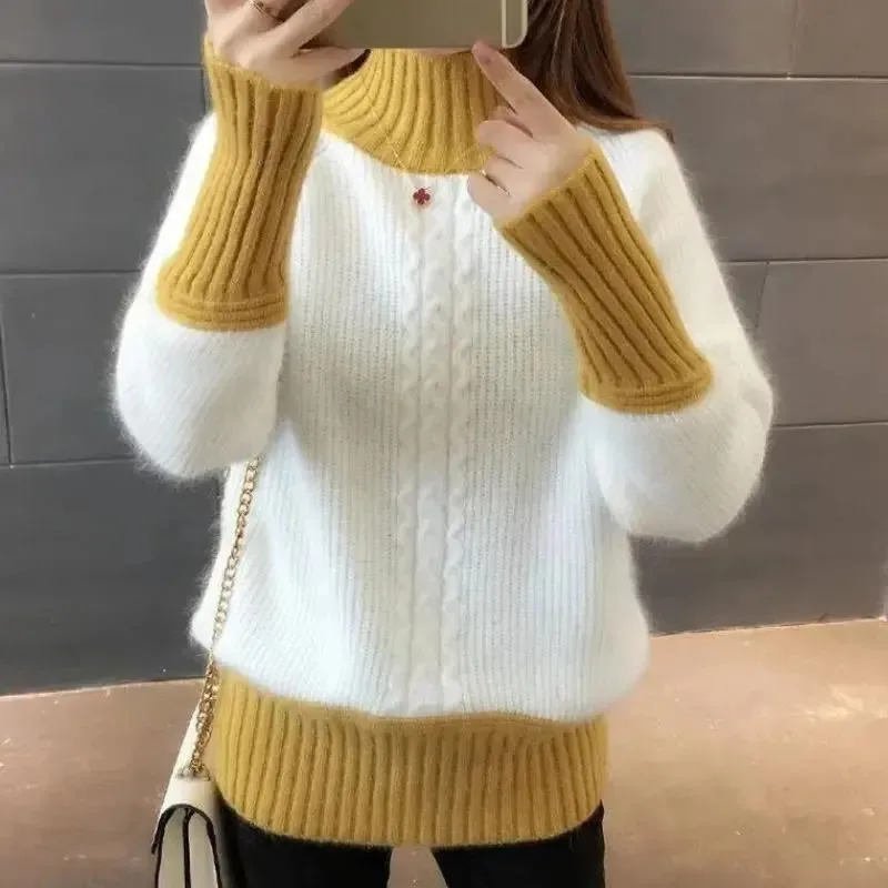 

Autumn Winter New Fashion Half Turtleneck Knitted Sweater Women Casual Loose Color Matching Pullover Knitwear Tops Ladies G2922