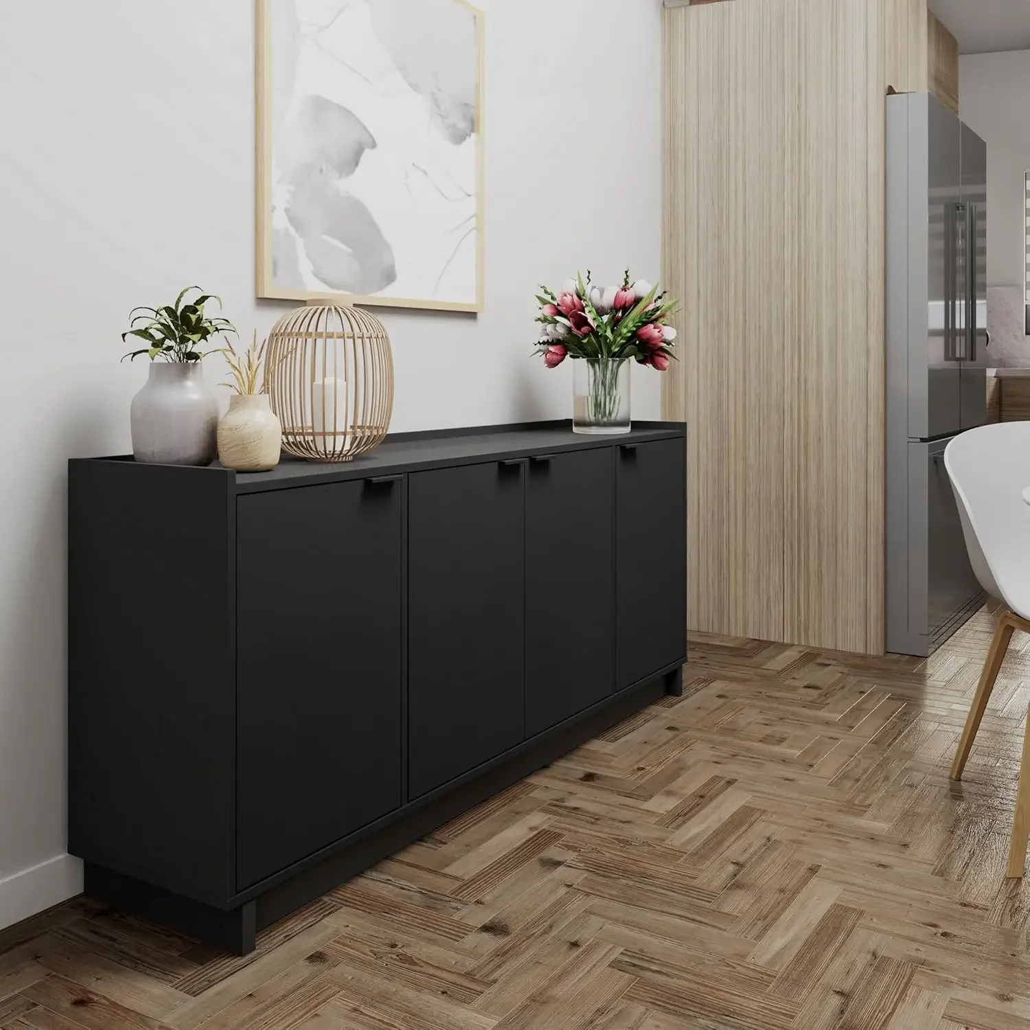 NEW-imply Modern 4 Door Console Table with Storage, Black Storage Cabinet with Doors and Shelves, Sideboard Storage Cabinet