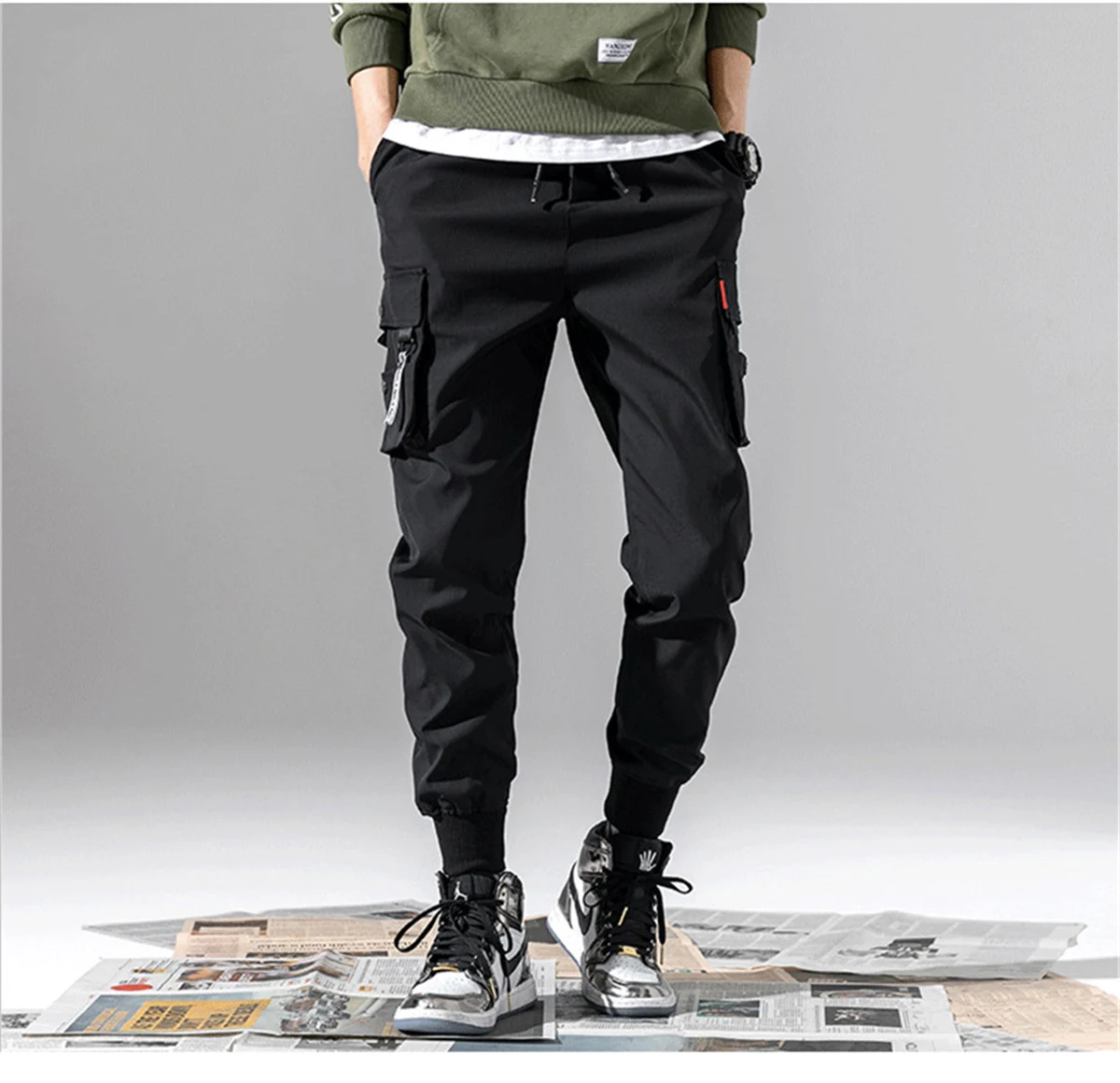 Men Black Cool Cargo Pants Pockets Gray Loose Out Door Elasticity Sports Oversize Kpop High Street Korean Pants Streetwear
