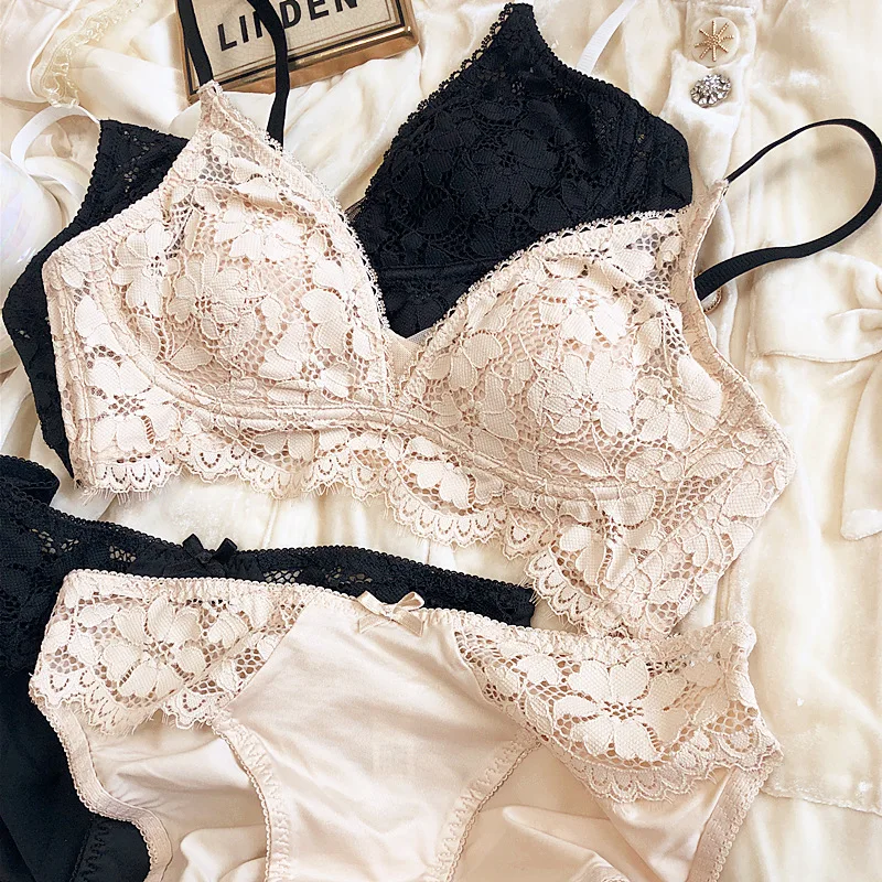 Lace thin rabbit ears triangle cup bra without steel ring underwear set bralette large breasts show small lingerie