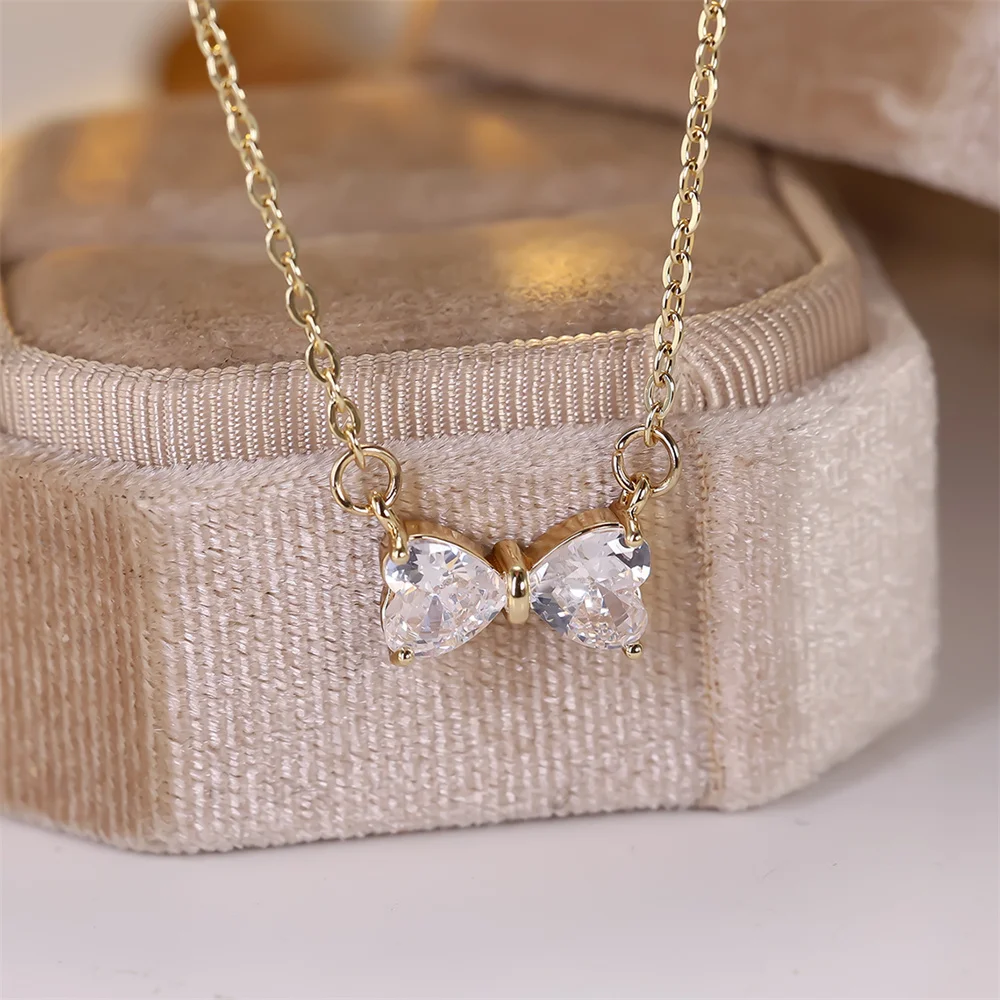 Luxury Crystal Cute Bowknot Pendant White Zircon Necklaces for Women Vintage Gold Color Chain Necklace Wedding Jewelry Accessory