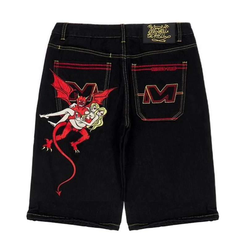 

New Y2K retro minus two demon embroidery pattern cropped pants shorts punk Gothic fashion loose sports running pants street wear