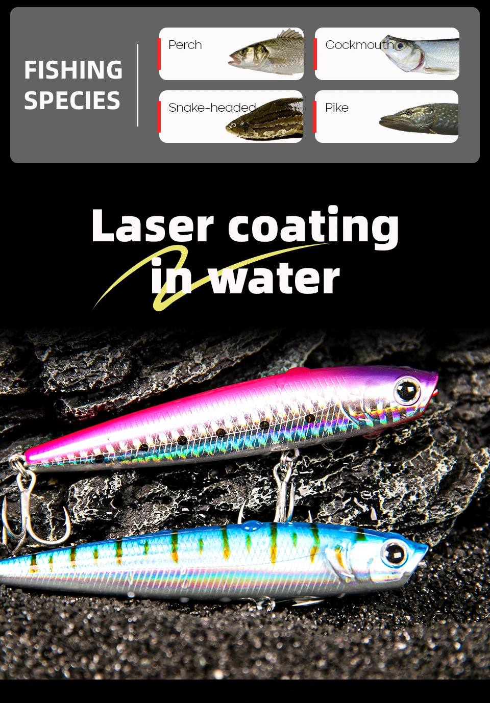 LETOYO 12g/19,5g Schwimmende Popper Köder Weitwurf Topwater Harte Bleistift Köder Laser Beschichtung Streamline Bass angeln Köder – Detail 3