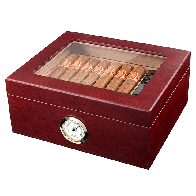  Woodronic Caja de humidor de puros para 25-50 puros con  higrómetro, humidificador y forro de cedro español, juego de caja de puros  de exhibición de escritorio, regalo para hombres : Salud