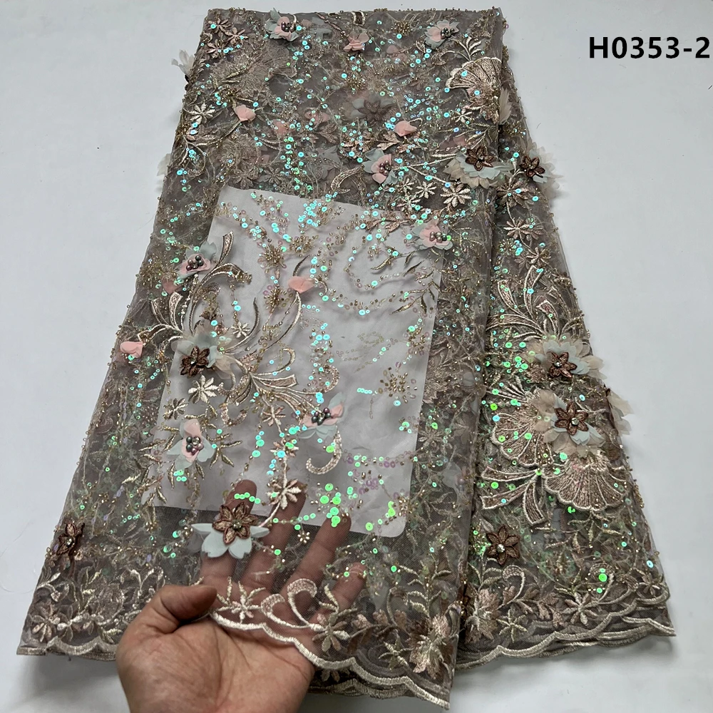 

African French Sequin Lace Pearl Fabric 2023 High Quality Heavy Beaded Tull Fabric For Nigerian Wedding Party Dress H0352