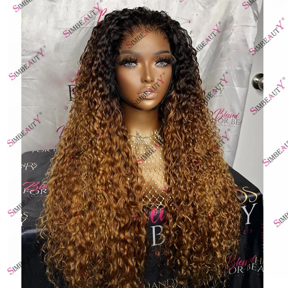 

Peruvian Human Hair Honey Blonde Kinky Curly Ombre Lace Front Black Women Wig 200 Density Glueless 5x5 HD Lace Closure Wigs