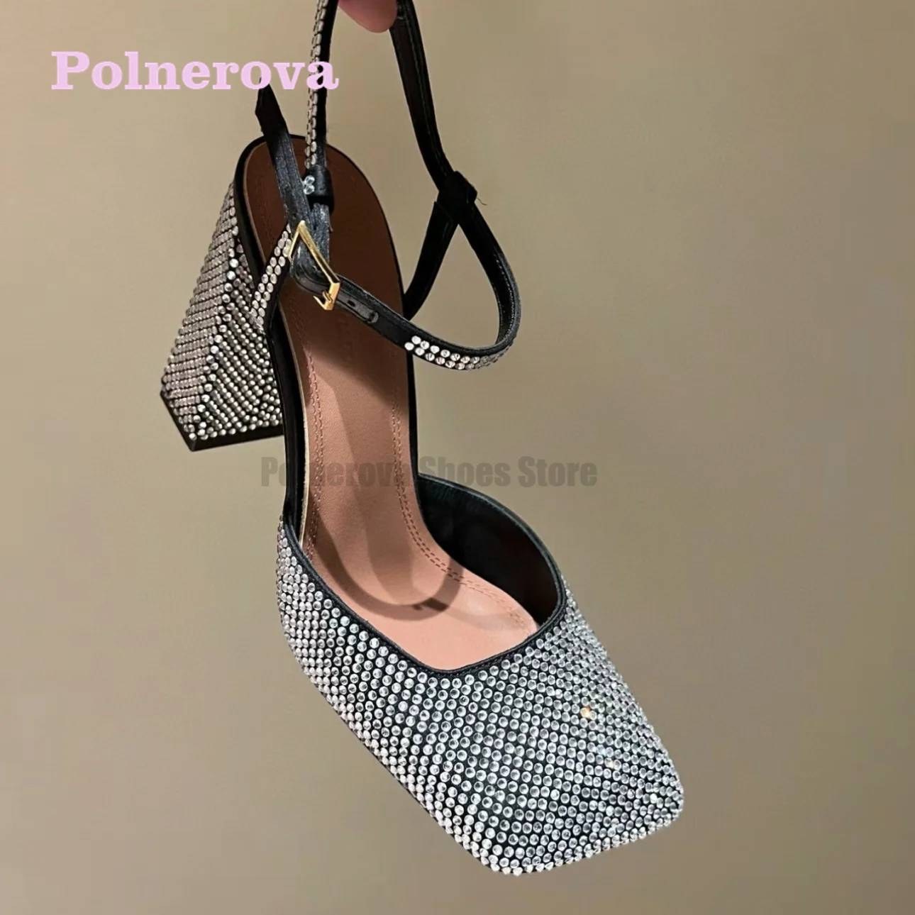 

Crystal Rhinestone Chunky Sandals Women Sandalias High Heel Square Toe Ankle Buckle Sandals Women Zapatos Mujer 2024 Tendencia