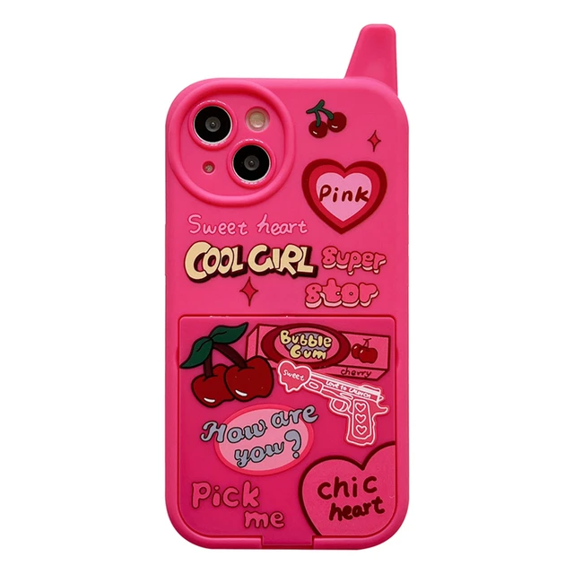 Ins Korean Retro Funny Mobile Phone Y2k Cherry Heart 3D Pink Make Up Mirror Case For iPhone 15 14 13 12 16 Pro Max Bracket Shell 6