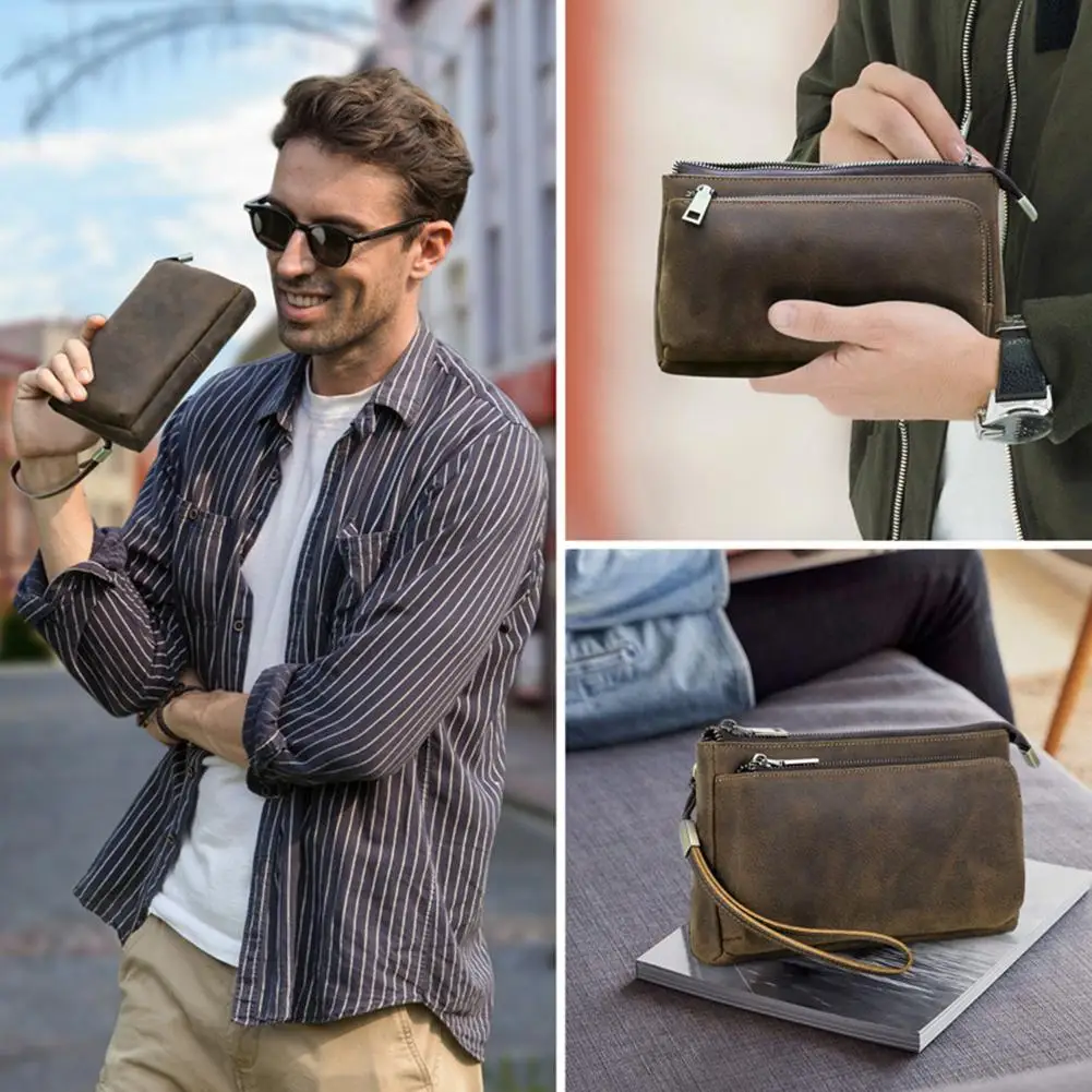 

Men Genuine Leather Clutch Handbag Business Wallet Electronic Travel Handbags Large Capacity Cable Organizer Accessories Bags