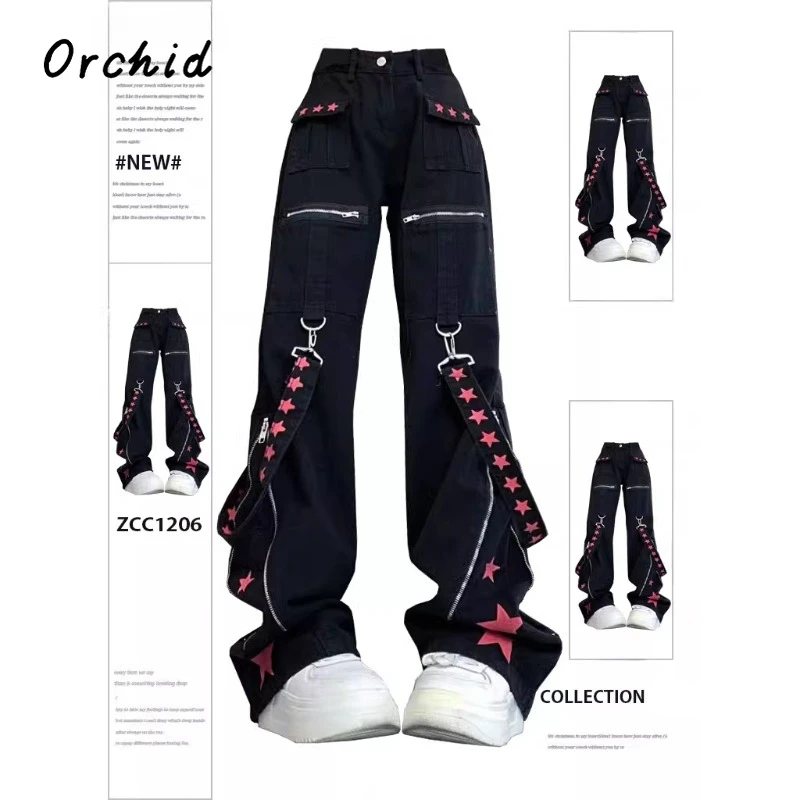 

American Retro High Waist Straight Jeans Belted Hip-hop Pants 2024 Spring Women's Casual Y2K Grunge Punk Trashy Denim Trouser