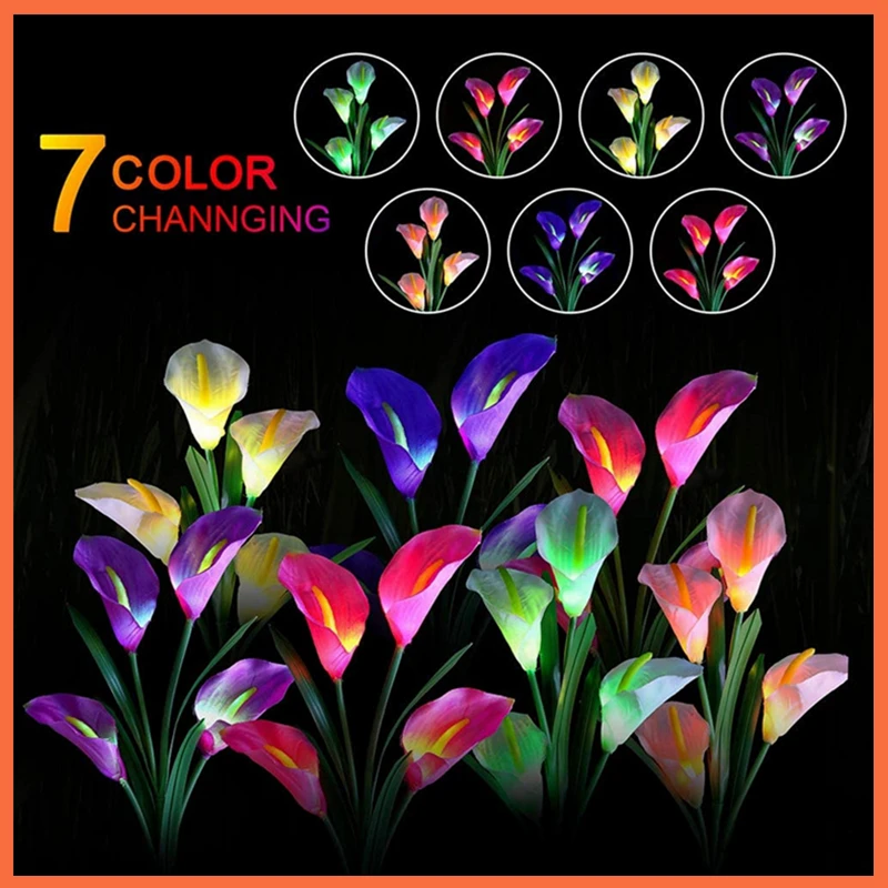 

Садовые светильники Calla Lily на солнечной батарее, 4 головки, 7 цветов, меняющиеся уличные лампы, автоматическое ВКЛ./ВЫКЛ., имитация цветов для газона