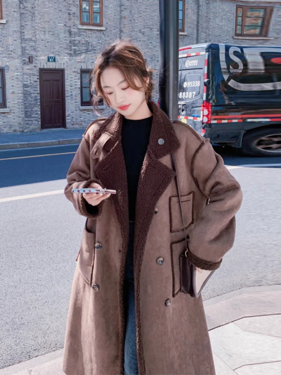 Suede Synthetic Fur Integrated  Women's Winter New Vintage Korean Style High-end Goddess Style Lamb Fur Coat