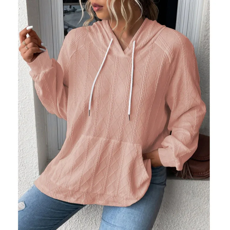 2023 Autumn and Winter Women's Fashion Jacquard Patch Pocket Loose Large Hooded Casual Simple Commuter Pullover Panel Sweater