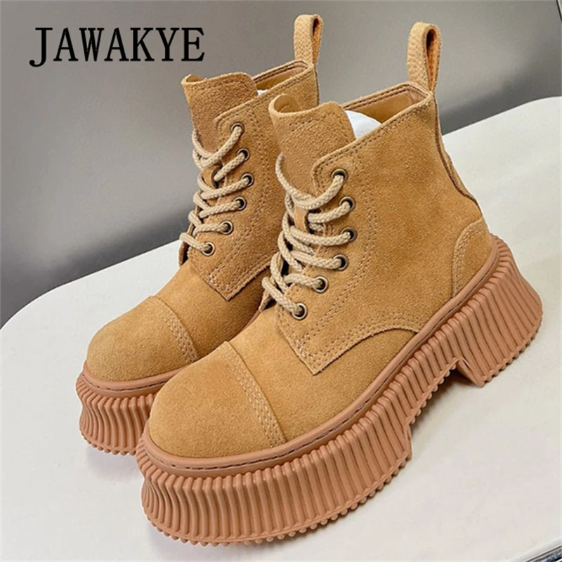 

2023 Autumn Thick Sole Kid Suede Lace Up Ankle Boots Women Brand Round Toe Flat Platform Short Botas Fashion Martin Boots Femme