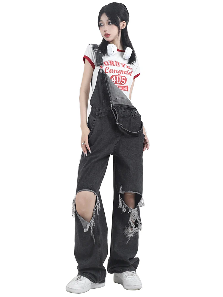 WomenLooseRippedDenimBibOverallsCasualHotHolesDistressedBlack