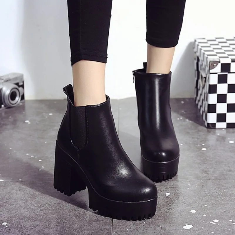 

Botas Mujer Fashion Women Boots Square Heel Platforms Zapatos Mujer PU Leather Thigh High Pump Boots Motorcycle Shoes