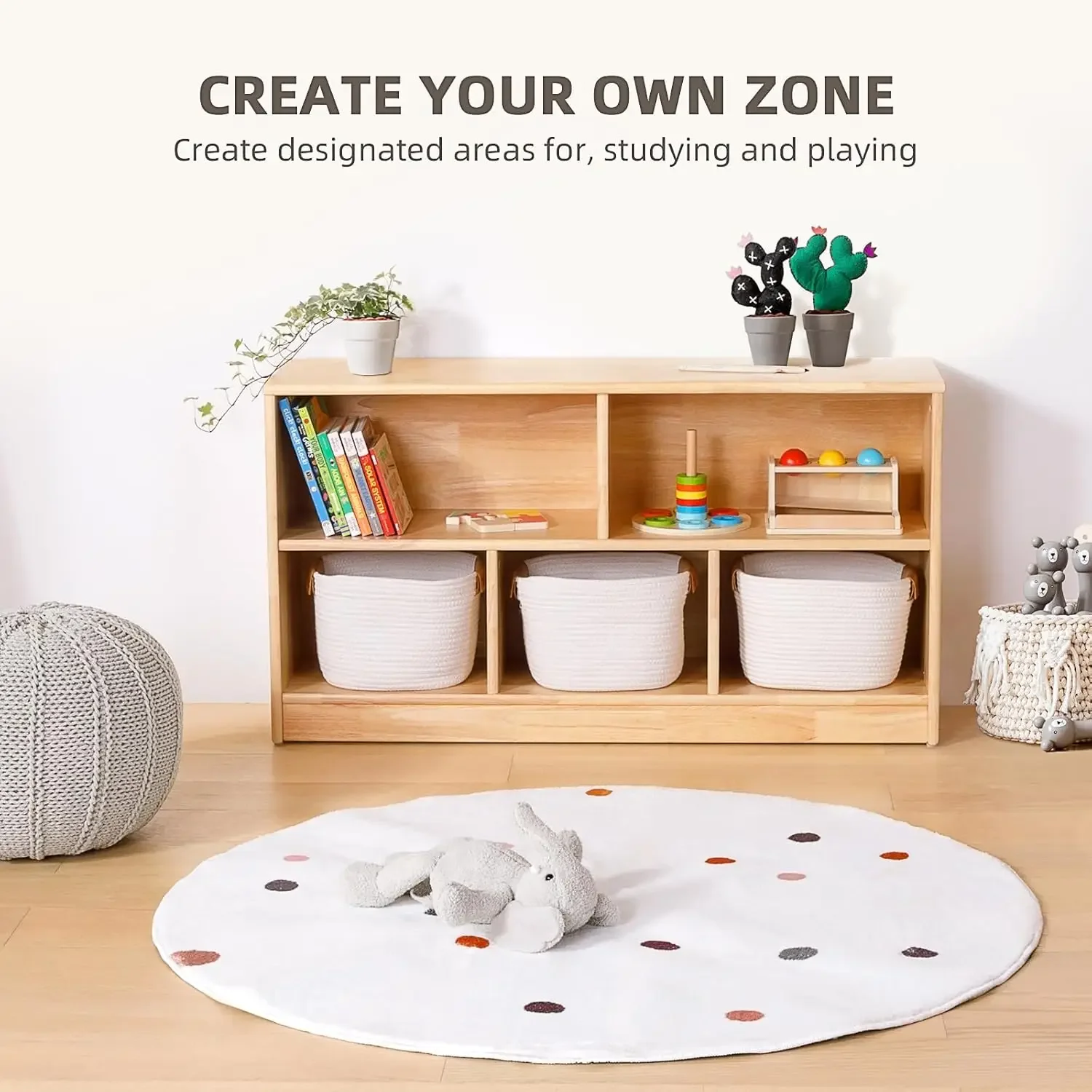 Rubber Wood 5-Compartment Montessori Shelf, 2-Tier Toy Organizers and Storage,for Kids Room, Playroom,Classroom, Kindergarten