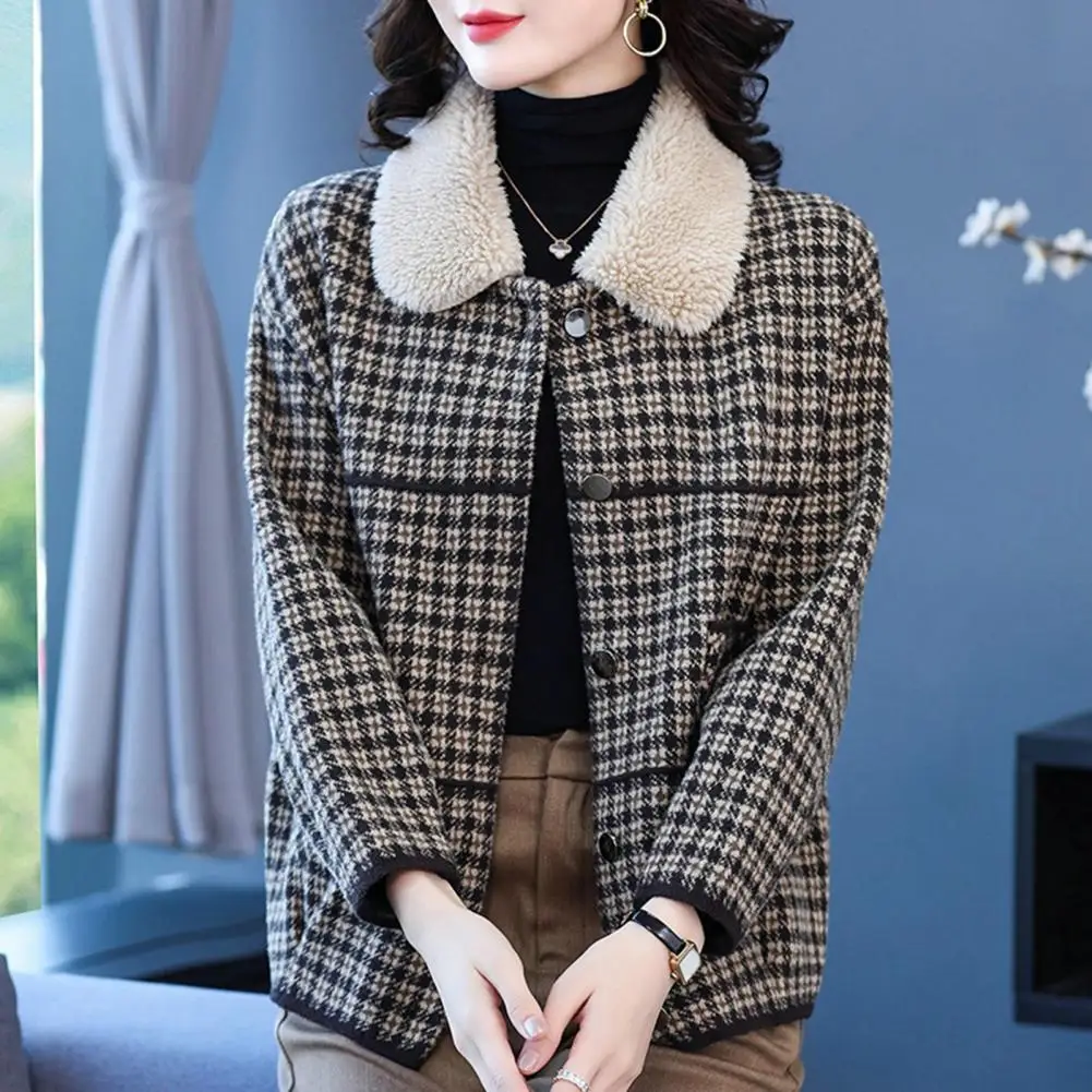 Women Coat Plush Vintage Plaid Coat Women's Warm Single-breasted Jacket with Lapel Double-sided Knit for Autumn Winter Women