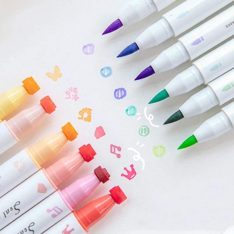 

6pcs Color Stamp Pen Set Seal Paint Dual-side Brush & Highlighter Liner Art Marker for Drawing School A7356