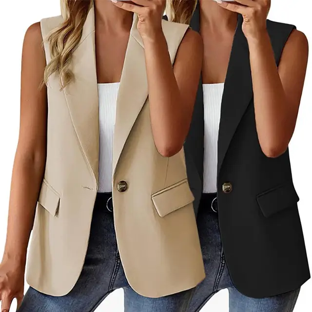 Women Summer Waistcoat Sleeveless Business Vest Coat Solid Color Lapel Pockets Single Button Straight Formal Style Commute Coat 1