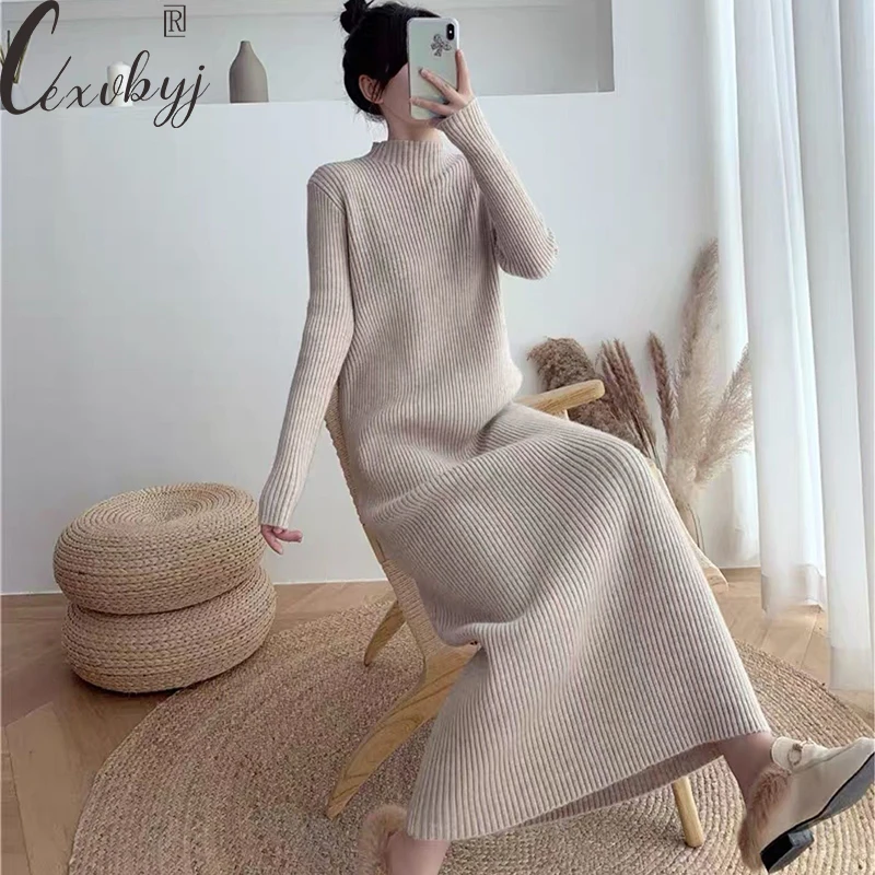 

Autumn Winter Knitted Maxi Dress Women Solid Long Sleeve Elegant Dress Ladies Oversized Loose Half High Collar Sweater Vestidos