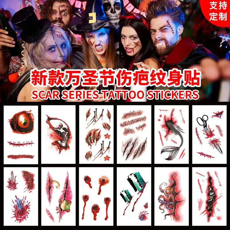 

Wholesale Creative Hallowmas Scar Tattoo Stickers Fun Easy To Operate Scary Scar Stickers Waterproof Realistic Tattoo Stickers