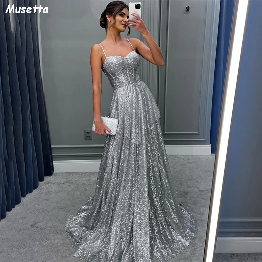 

Musetta Sexy Spaghetti Strap Shiny A-line Prom Dress Silver Glitter Sweetheart Formal Evening Dresses Backless Celebrity Gown