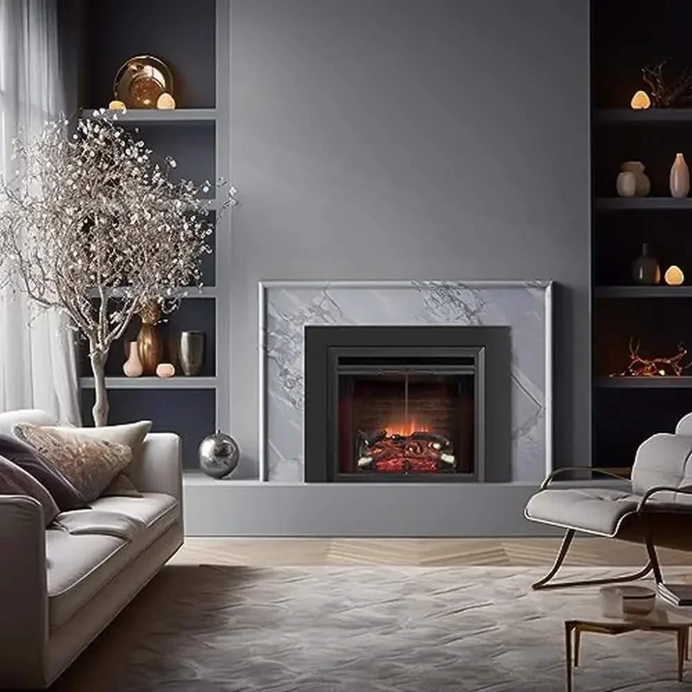 26” Electric Fireplace Insert with Fire Crackling Sound Resin Log Glass Door Mesh Screen 750/1500W Heater Adjustable Thermostat 2