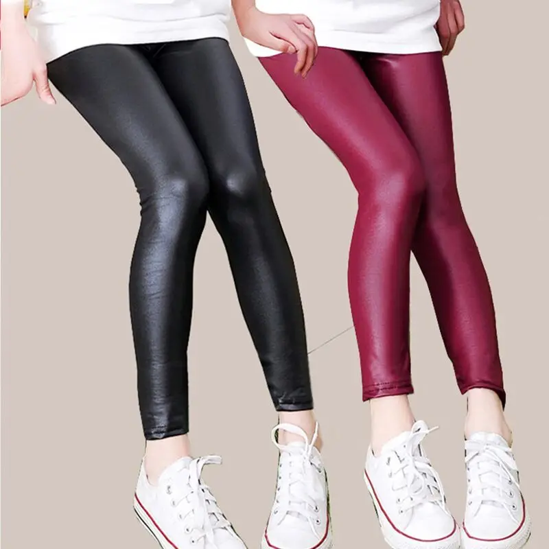 Spring Autumn Kids Girl Leggings Baby Girls Boys Skinny Pencil Pants Faux PU Leather Children Leggings Black Wine Color