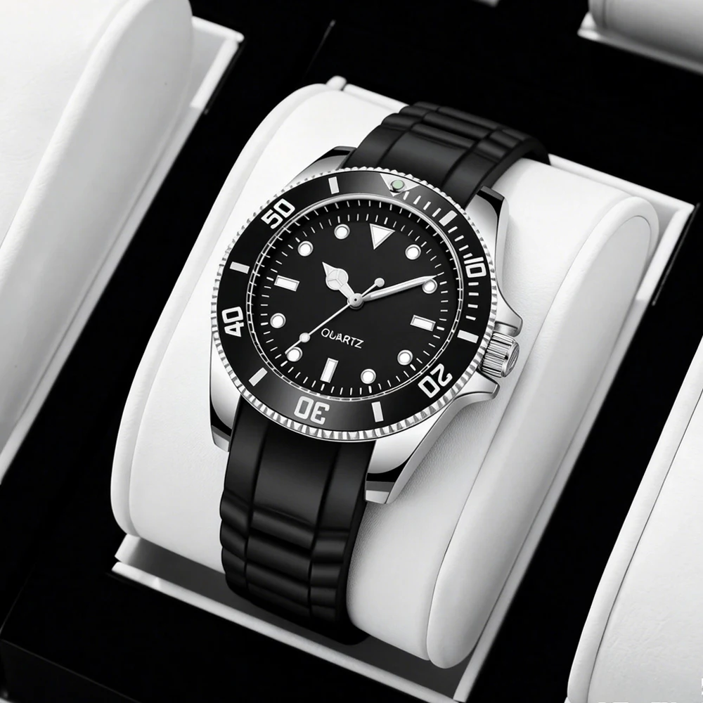 Elegant 40mm Quartz Analog Watch with Rotating Bezel and Rubber Strap